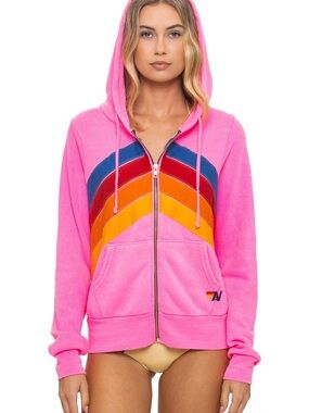 Aviator Nation MOUNTAIN STITCH CHEVRON 4 ZIP HOODIE - NEON PINK